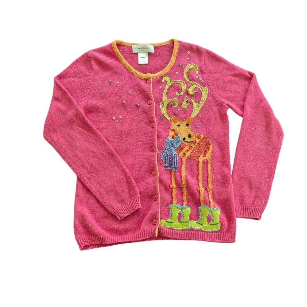 Pink Cardigan Christmas Holiday Sweater Appliqued Reindeer by Susan Bristol